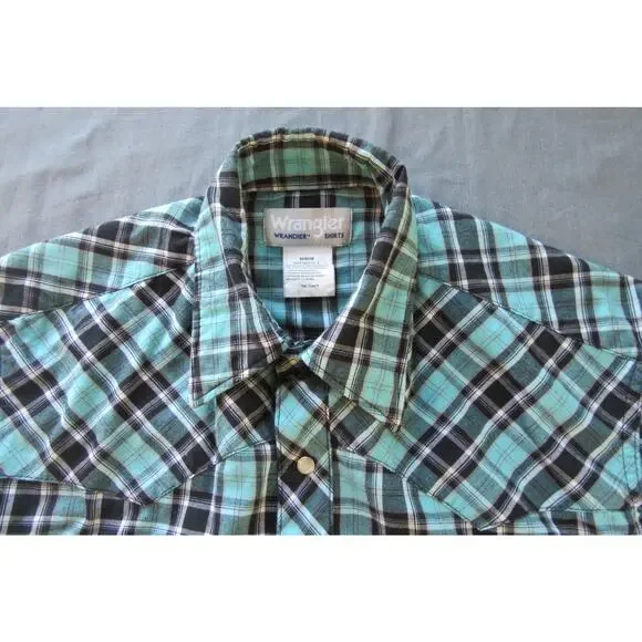 Wrangler Wrancher Western Pearl Snap Aqua/Black Plaid Short Sleeve Shirt Men's M - Picture 3 of 8